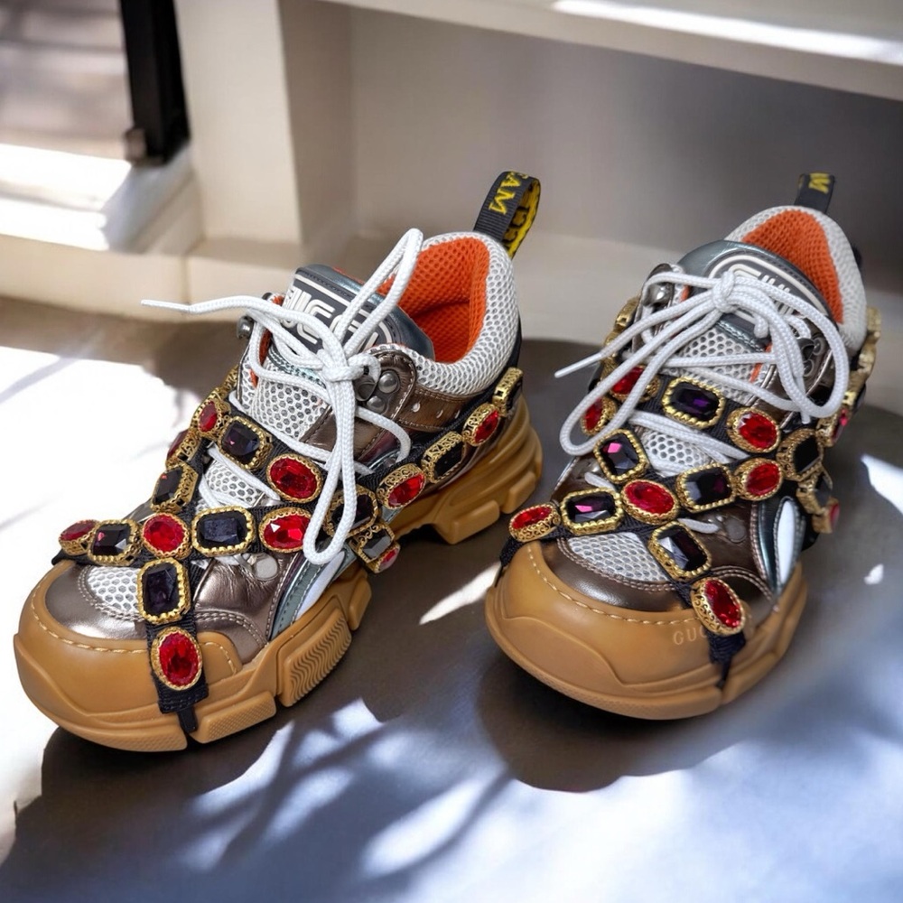 ❌SOLD❌ Gucci New Flashtrek Sneakers 6.5 Crystals Jewels Accents in Metallic